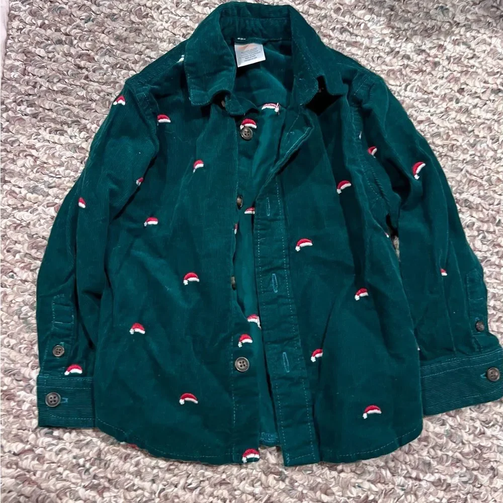Gymboree Green Button Down Shirt with Red and White Accents